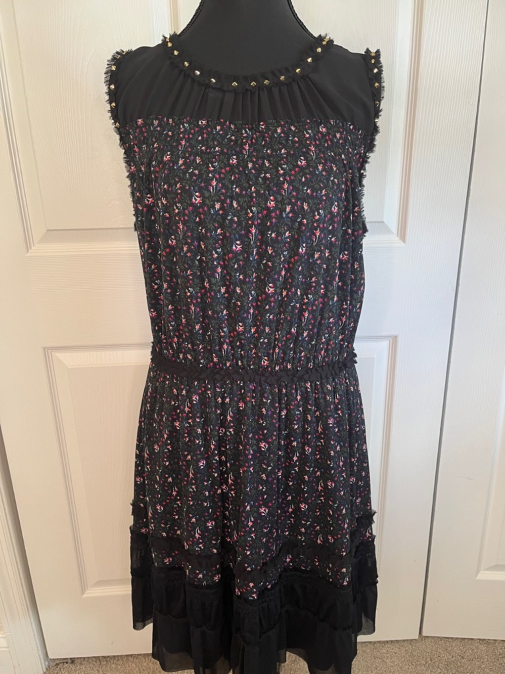 Juicy Couture Black Mesh Floral Mini Dress Gold Stud Collar Size Medium